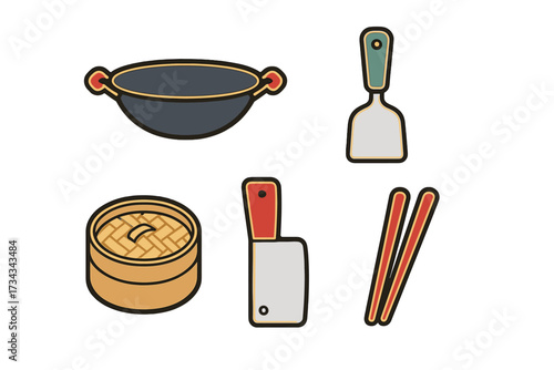 Collection of Asian cooking utensils and dining accessories including wok, cleaver, chopsticks, bamboo steamer, and spatula