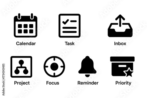 Calendar and task management icons: inbox, project, focus, reminder, priority