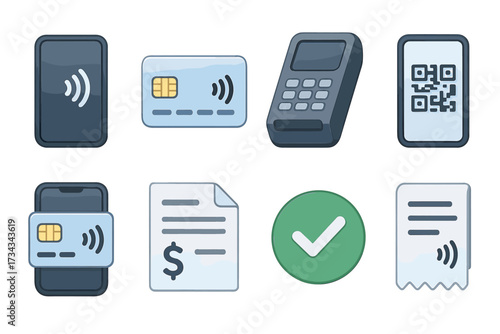 Digital payment icons: smartphone, card, terminal, qr code, receipt, contactless, invoice, checkmark