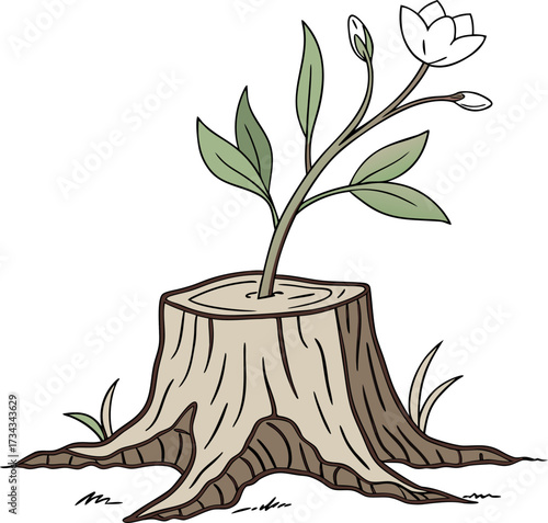 New life emerges as a small green plant with a white flower grows from an old tree stump.