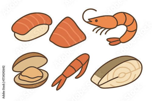 Colorful stylized fresh seafood ingredients set featuring sushi, whole shrimp, peeled shrimp, salmon fillet, clam, and fish fillet