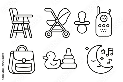 Baby essentials: high chair, stroller, pacifier, monitor, bag, duck, toys, moon