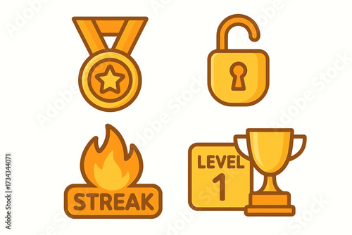 Achievement icons: medal, unlock, streak, level, trophy