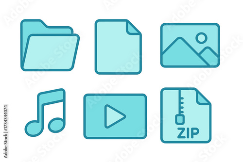 Collection of digital file type icons including folder document image music video and compressed archive