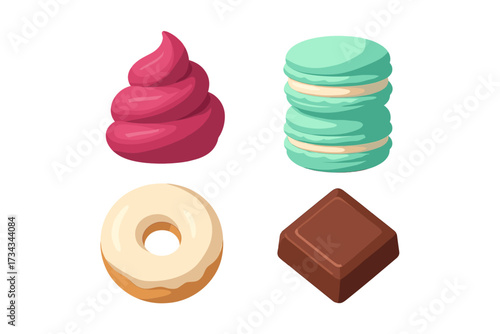 Collection of various sweet desserts including colorful macarons, frosted donut, chocolate square, and whipped cream swirl