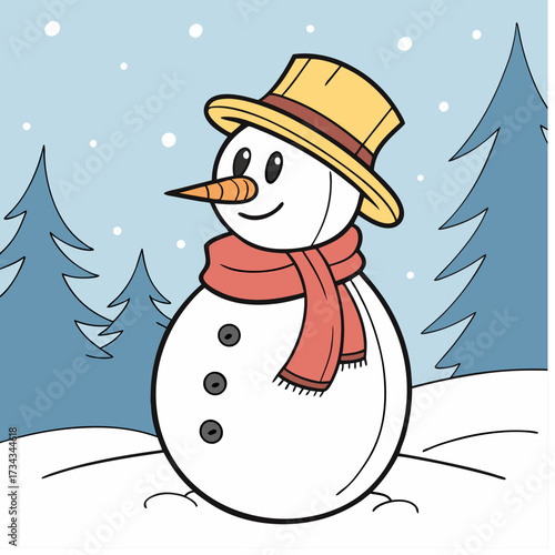 Adorable snowman with a stylish hat and scarf, perfect for winter holiday greetings and festive seasonal designs with a touch of whimsical charm.