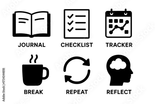 Journal icons: checklist, tracker, break, repeat, reflect