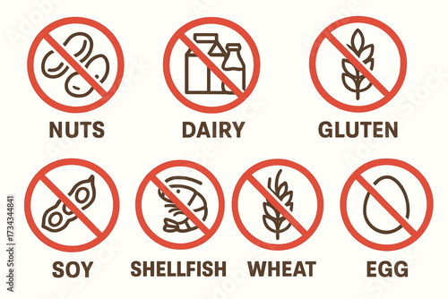 Allergy warning signs: nuts, dairy, gluten, soy, shellfish, wheat, egg