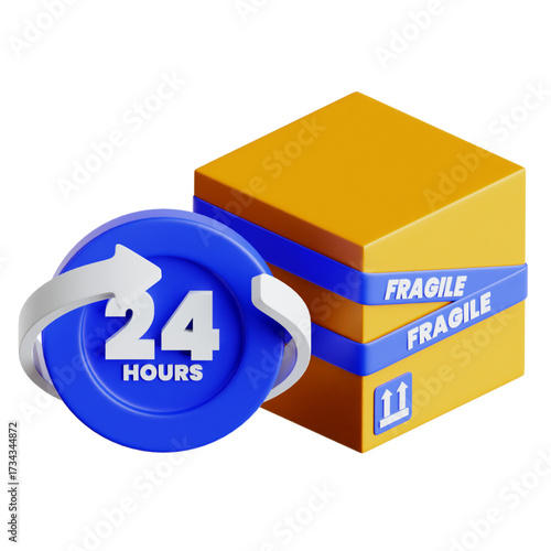 3D render of a yellow cardboard shipping box with blue fragile tape and a 24-hour delivery service icon, symbolizing fast and secure logistics.