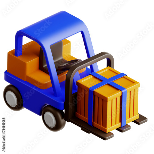 3D rendering of a blue forklift carrying a yellow crate.