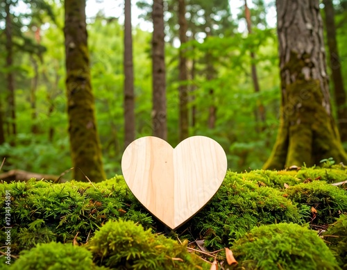 Wooden heart nestled in mossy forest floor