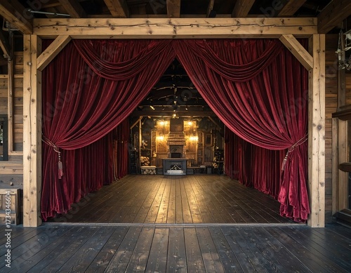 Wooden interior with burgundy curtains