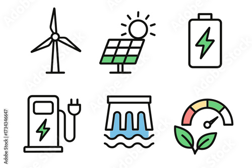 Renewable energy icons: wind turbine, solar panel, battery, electric pump, hydropower, efficiency gauge