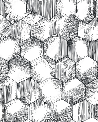 A detailed hand-drawn hexagonal pattern with intricate lines and shading in black and white..