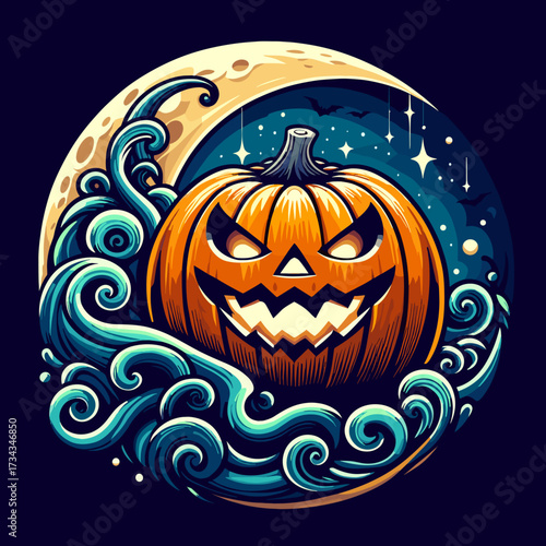 Spooky Halloween pumpkin, fierce mood, surrounded by waves and moonlight, dark background, copy space