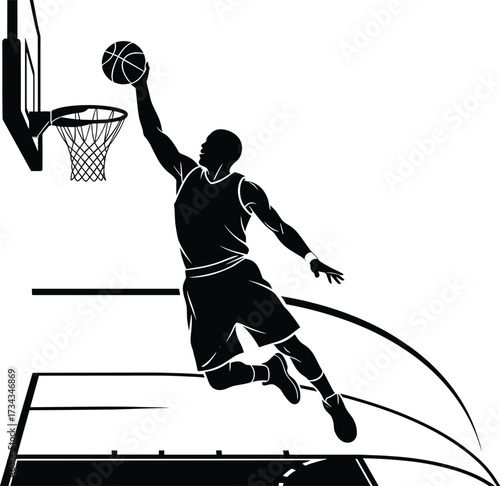 Basketball player dunking ball silhouette basketball, player, dunk, slam dunk, sport, shorts, rim, uniform, fitness, backboard, action, white, professional, basketball, black, silhouette, ball, athlet