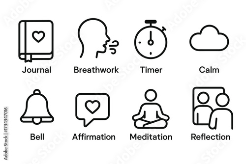 Mindfulness icons: journal, breathwork, timer, calm, bell, affirmation, meditation, reflection
