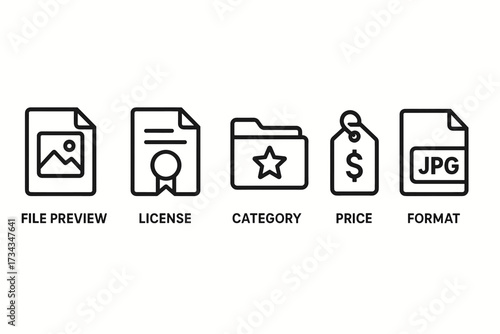 File preview icons: license, category, price, format tags in black and white