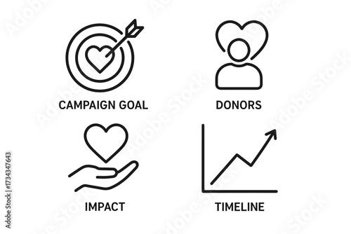 Icon set representing campaign goal, donors, impact, and timeline