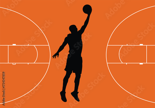 Basketball Player Silhouette Dunking On Orange Court, basketball, player, silhouette, dunk, jump, action, sport, game, athlete, male, motion, athletic, competition, active, recreation, training, match