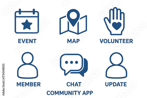 Community app icons: event, map, volunteer, member, chat, update symbols