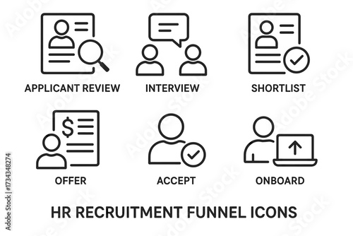 Hr recruitment funnel icons: stages from application to onboarding