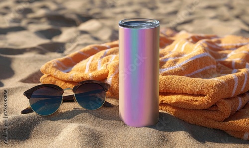 Stylish insulated tumbler and sunglasses on sandy beach towel