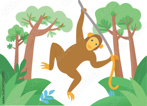 A funny cartoon animal drawing of a monkey child character hanging on a banana leaf in the wild jungle vector illustration