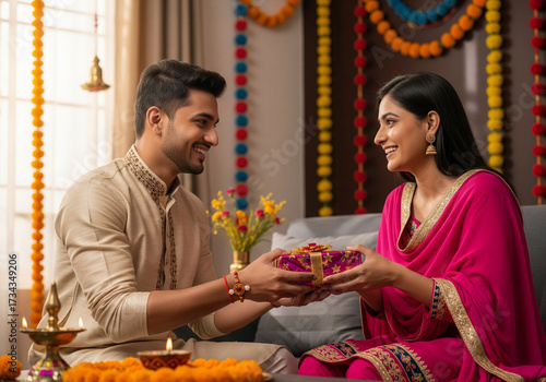 Indian Festival Raksha Bandhan Brother and Sister Exchanging Gifts, Festive Decor, Celebrations.