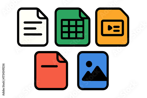 Modern colorful digital document and media file type icons representing various data storage and content formats