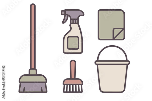 Household cleaning tools and supplies: broom, spray bottle, cloth, brush, and bucket for domestic chores