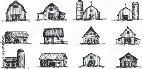 Collection of hand-drawn sketches of various rural barns and farm buildings in vintage style..