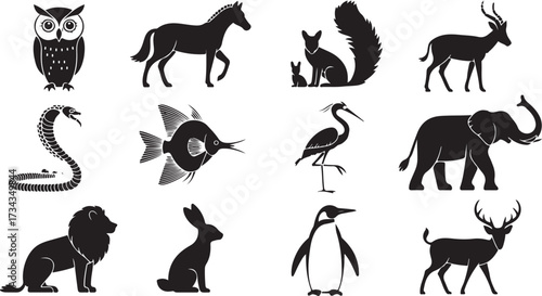 Black vector silhouette collection of wild animals, including deer, tiger, and bear