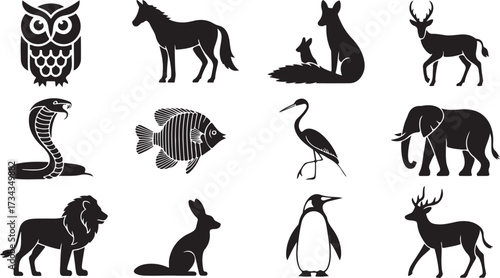 Canvas Print A collection of black silhouettes showing various wild animals like a bear, cat,