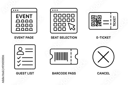 Event management icons: seat selection, e-ticket, guest list, barcode pass, cancel