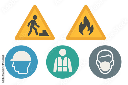 Collection of essential safety warning signs and personal protective equipment symbols for workplace protection