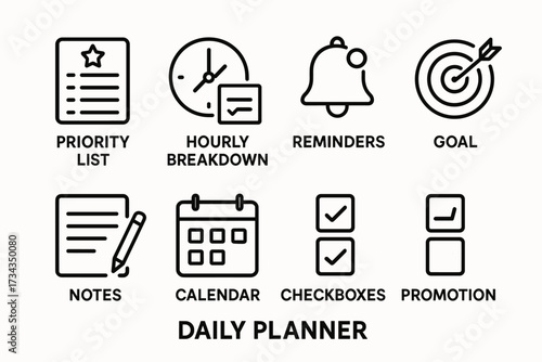 Daily planner icons: priority, clock, reminders, target, notes, calendar, checkboxes, promotion