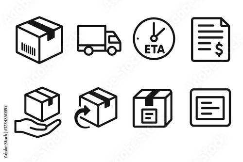 Package delivery icons: shipping, tracking, handling, returns, payment, notification