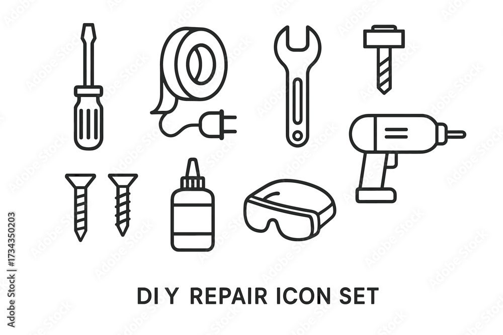 Fototapeta premium Diy repair icon set: tools and equipment for home projects