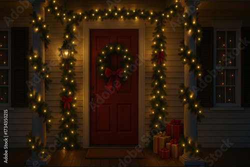 Wallpaper Mural Welcome happy Christmas home. Festively decorated front porch with a red door, wreath, lights, and presents, ready for the holiday season. Torontodigital.ca