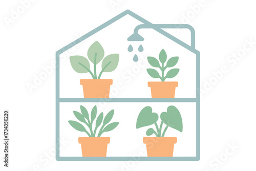 Indoor greenhouse with various potted plants being watered, illustrating home gardening and plant care activities