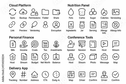 Technology icons: cloud, nutrition, finance, conference, delivery