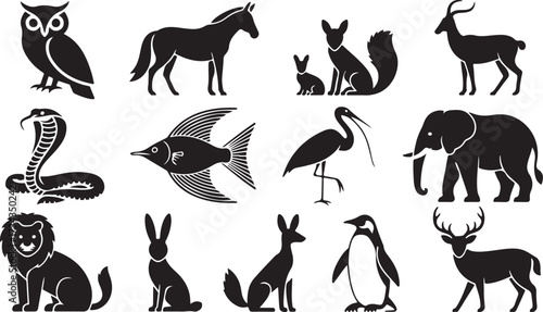 A vector illustration set of wild animal silhouettes including a bear, rabbit, bird, cat, and dog for design use
