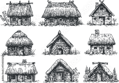 A collection of hand-drawn sketches featuring various styles of traditional huts and houses..