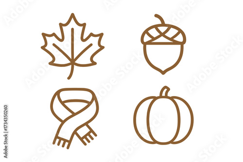 Essential autumn season symbols collection featuring a classic maple leaf, a ripe acorn, a cozy warm scarf, and a traditional pumpkin icon