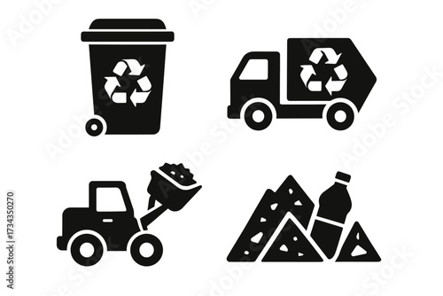 Recycling icons: bin, truck, loader, waste - efficient waste management symbols