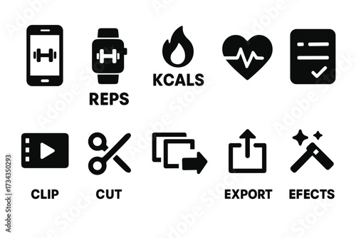 Fitness and video editing icons: reps, calories, heart, cut, export