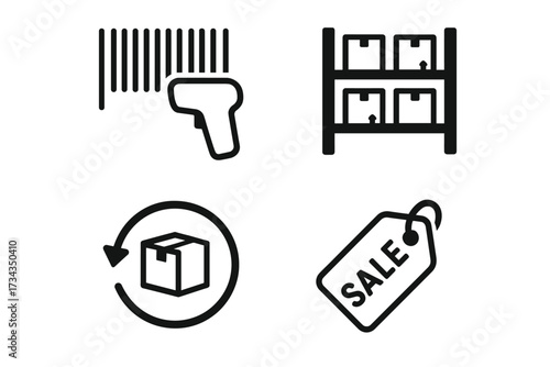 Barcode scanner, warehouse shelf, return package, sale tag icons