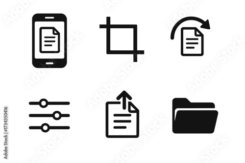 Mobile document icons: crop, rotate, settings, upload, folder