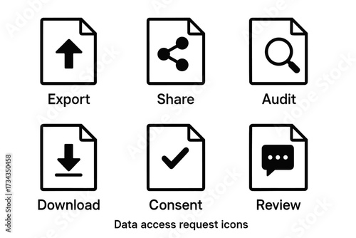 Data access request icons: export, share, audit, download, consent, review symbols